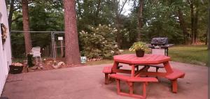 uma mesa de piquenique e um grelhador com uma mesa vermelha e banco em Cute Shouse Unit 2 em Ozark