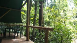 a porch with a table and chairs in the woods at Daintree Crocodylus in Cow Bay