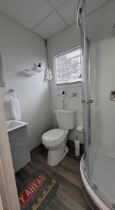 a small bathroom with a toilet and a shower at Hacienda Piloto 108 in Mayaguez