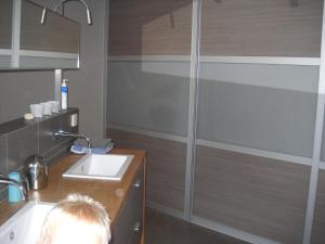 La salle de bains est pourvue d'une douche et d'un lavabo. dans l'établissement À la Belle Vue, à Limbourg