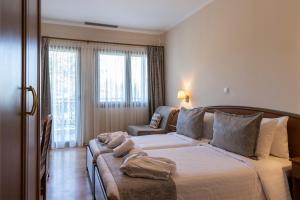 Habitación de hotel con cama grande y sofá en Xenios Dias Boutique Hotel, en Litóchoron