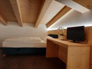 a bedroom with a bed and a desk with a television at Alpen Hotel Vidi in Madonna di Campiglio