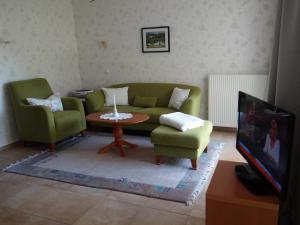 ein Wohnzimmer mit einem Sofa, einem Tisch und einem TV in der Unterkunft Villa Sonnenhof in Bad Steben
