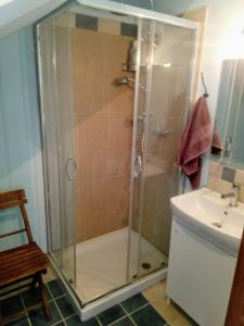 una ducha con una puerta de cristal junto a un lavabo en B&B IL LEPRICE, en SantʼElpidio a Mare