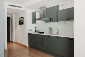 cocina con armarios grises y paredes blancas en Parker The Urban Flats en Valencia