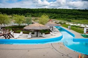 a swimming pool with umbrellas and chairs and a swimming pool at Cabana David in Beclean