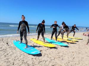 grupa ludzi stojących na deskach surfingowych na plaży w obiekcie Bungalow Strandparel w mieście Julianadorp