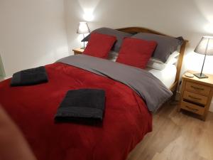 a bedroom with a large red bed with two red pillows at Heart of Edinburgh's Historic Old Town - Blair Street in Edinburgh