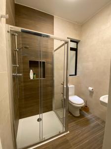 a bathroom with a glass shower with a toilet at Rabat Falcon Apartment in Rabat