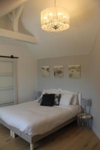 a bedroom with a white bed with a chandelier at L'Audacieuse in Behuard