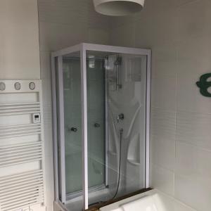 a shower with a glass door in a bathroom at Villa des Roses in Pontmain