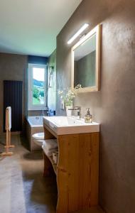 a bathroom with a sink and a toilet and a mirror at Maison d'hôtes Ermitage in Chateau-d'Oex