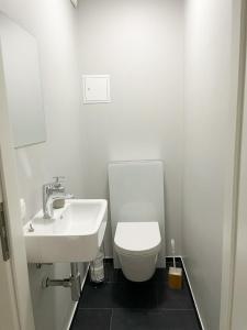 La salle de bains blanche est pourvue de toilettes et d'un lavabo. dans l'établissement PF Unterkunft, à Pforzheim