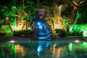 einen Pool mit einem Brunnen mit Palmen in der Unterkunft Aristides Hotel in Fourka