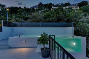 a swimming pool with a potted tree on a patio at Villa Brela in Brela