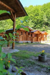 una fila de cabañas de madera en un complejo en Căbănuțe Izbândiș en Şuncuiuş