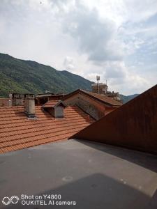 un techo de un edificio con montañas en el fondo en L'Angelo, en Omegna