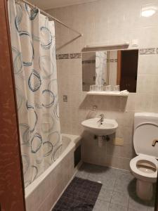 a bathroom with a sink and a toilet and a shower curtain at Kavana Stari krov in Donji Kraljevec