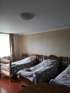 卡茲別吉的住宿－白房子旅館，一间卧室设有两张单人床和一个窗户。