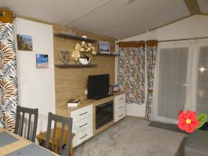 a living room with a television and a table with chairs at Devon holiday in Goodrington