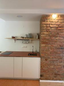 cocina con pared de ladrillo y fregadero en Garden Apartments Bled en Bled