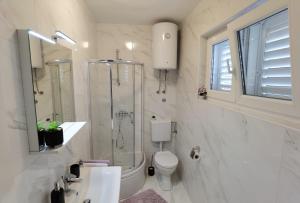 a bathroom with a shower and a toilet and a sink at Apartman Sara in Preko +30 photos