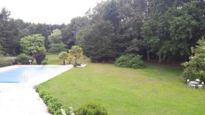 un gran patio con piscina y árboles en Chez Sally et Mario, en Arnage