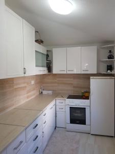 a kitchen with white cabinets and a white refrigerator at Guest house Nina in Bar