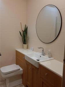a bathroom with a sink and a mirror and a toilet at Coach House, Minting. in Horncastle