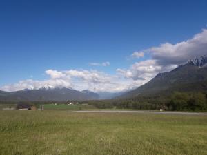 a field with a road and mountains in the background at Ferienwohnung am Wirtlerhof in Wildermieming