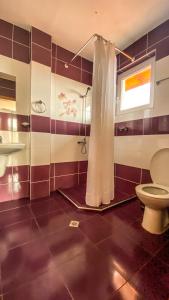 La salle de bains est pourvue de toilettes, d'un lavabo et d'une douche. dans l'établissement Guest House Au Nature, à Golyama Zhelyazna
