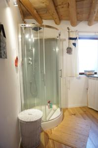 La salle de bains est pourvue d'une douche et de toilettes. dans l'établissement Gîte La Source sauna jardin wi-fi, à Targassonne