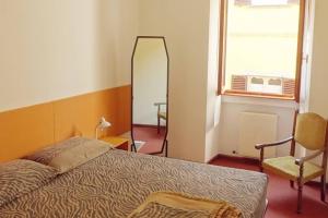 a bedroom with a bed and a mirror and a chair at House of cats in Domaso