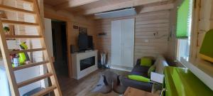 a small living room with a tv and a couch at Sabine's Wellnesslodge in Ruppertsweiler