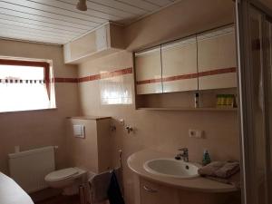 a small bathroom with a sink and a toilet at kleine Ferienwohnung Schortestraße in Ilmenau +1 photo