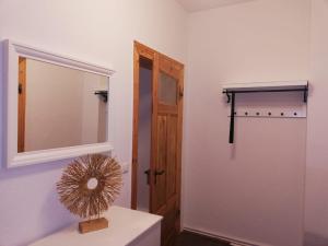 ein Badezimmer mit einem Spiegel und einer Holztür in der Unterkunft Ferienwohnung "Kleiner OTTO" in Erfurt