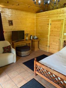 Cette chambre dispose d'une télévision, d'un lit et d'un canapé. dans l'établissement Hasienda, à Râșnov