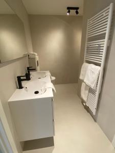 een badkamer met een witte wastafel en een spiegel bij Les Cigognes in Knokke