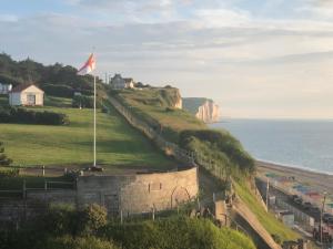 Mesnil-Val-PlageにあるHotel Royal Albionの海の横の壁の旗