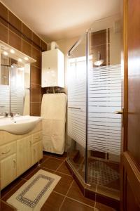 ハイドゥソボスローにあるneGGa Apartmanのバスルーム(ガラス張りのシャワー、シンク付)