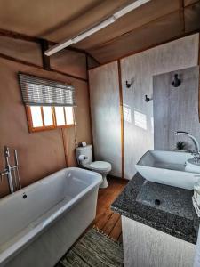 a bathroom with a tub and a sink and a toilet at Jabula Bush Camp in Klipdrift