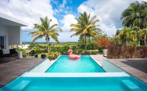una piscina con un pato de goma rosa en el patio trasero en Villas Agua Dulce en Sosúa