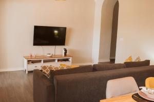 a living room with a couch and a flat screen tv at Apartamento Circo Romano- con vistas al Circo Petfriendly in Mérida