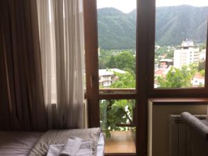 a bedroom with a window with a view of a city at Hotel Victoria-Panorama in Borjomi