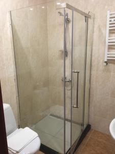 La salle de bains est pourvue d'une douche, de toilettes et d'un lavabo. dans l'établissement Hotel Victoria-Panorama, à Bordjomi