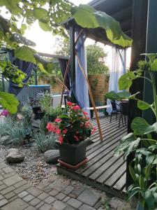 a wooden deck with plants and an umbrella at Green Garden house in Jūrmala