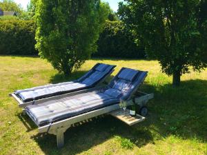 two lounge chairs on a trailer in the grass at Ferienhaus Grabowblick in Barth