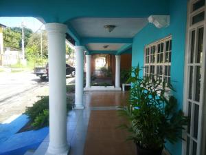a blue house with columns and a porch at Hostal familiar Villa Nome in Penonomé