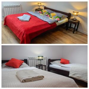 sypialnia z 2 łóżkami w kolorze czerwonym i białym w obiekcie Apartament Bieszczady w mieście Hoczew