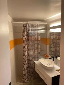 W łazience znajduje się umywalka i prysznic. w obiekcie La Fée amazonienne w mieście Rivière-Pilote